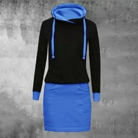 Finelylove Casual haljine Casual haljine za žene ljetni a-line visoki vrat Dugi rukav iznad koljena plavi XL