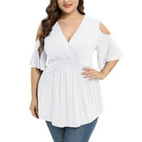 Ženski ljetni vrhovi kratki rukav čvrsta blusa casual ženska majica V-izrez bijela 3xl