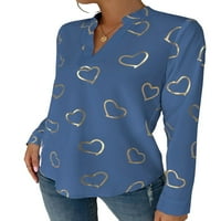 Casual Heart Print urezana bluza za vrat Dugi rukav prašnjave plave ženske bluze