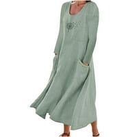 Lydiaunistar Time i Tru ženske Plus Size haljine Ženska Moda dugi rukavi Print pamučni laneni okrugli džep za vrat haljina zelena