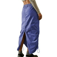 Caveitl ženske duge suknje, ženska jednobojna elastični džep struka sa visokim strukom naborana Radna haljina na Pertlanje plava, S