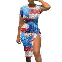 Ernkv ženska Mini Bodycon haljina klirens Star Print vezica sa strane Split modni kratki rukav 4. jula