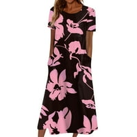 Ležerne haljine za žene Datum Datum Maxi V-izrez kratki rukav Jesen ružičaste ispisane haljine L