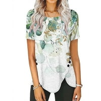 Zkozptok ljetni topovi za žene trendi okrugli vrat Casual bluza sa cvjetnim printom kratki rukav labavo dugme s volanima Hem majice, zelena, XL