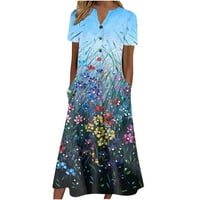 Ženska ljetna casual tiskana V-izrez Swing haljina s kratkim rukavima, nebo plava, m