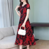 Klirens ljetne haljine za žene kratki rukav a-Line dužina gležnja labavi okrugli izrez štampana datulja Crvena XL
