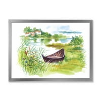 PROIZVODNJAK 'Ruralni zeleni krajolik sa brodom u jezeru' Jezero Kuća uramljena umjetnička štampa