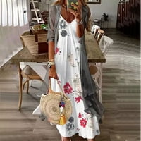 Hunpta Ženska Vintage Cvjetna Haljina Bez Rukava Ženska Midi Haljina Od Šifona Na Plaži Sa Kardigan Odijelom