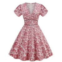 B91xz elegantne ženske haljine žene Print kratki rukav V izrez 1950-ih Retro Vintage party Swing haljine ženske haljine Plus Size roze, veličine L