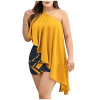 Tking Fashion Žene Ljetne casual seksi ispisane uske haljine bez rukava jedno ramena mini ruff haljine žuti l