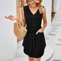 Hanas Tops ženska ljetna elastična jednobojna Ležerna haljina s džepovima crna XXL