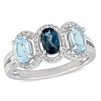 Miabella ženski 1-karatni T. G. W. ovalno rezani London i Nebesko plavi Topaz i karatni T. W. okrugli brušeni dijamant Sterling srebrni 3-kameni oreol prsten