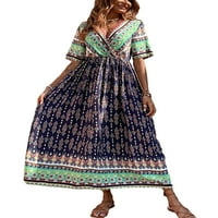 Paille ženske Maxi haljine cvjetni Print ljetna plaža sarafan kratki rukav duga haljina Kaftan Boho Blue