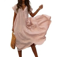 Klirens letnje haljine za žene čvrste V-izrez a-Line Maxi Casual kratke rukave roze 4xl