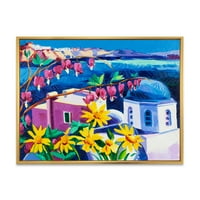 PROIZVODNJA Šarene tradicionalne crkve Santorini među cvijećem nautičke i obalne uokvirene plamene na zidnoj umjetnosti