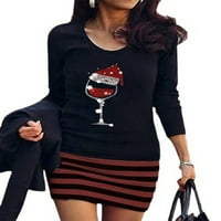 Beiwei Dame majica Dress Crew izrez kratke mini haljine Božićni patchwork odmor s dugim rukavima Jednostavno vino crveno l